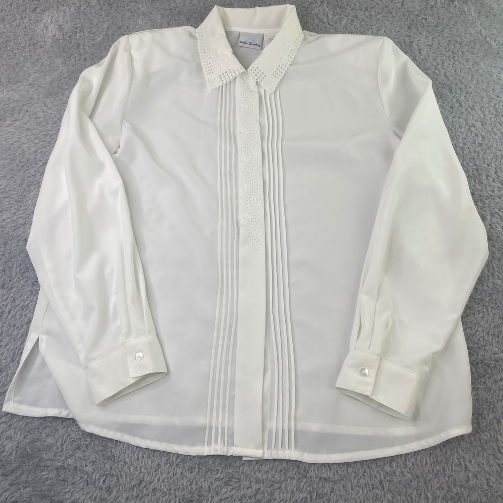Vintage Bobbie Brooks Blouse Womens L12/14 White Lace Collar Pleated Pintuck